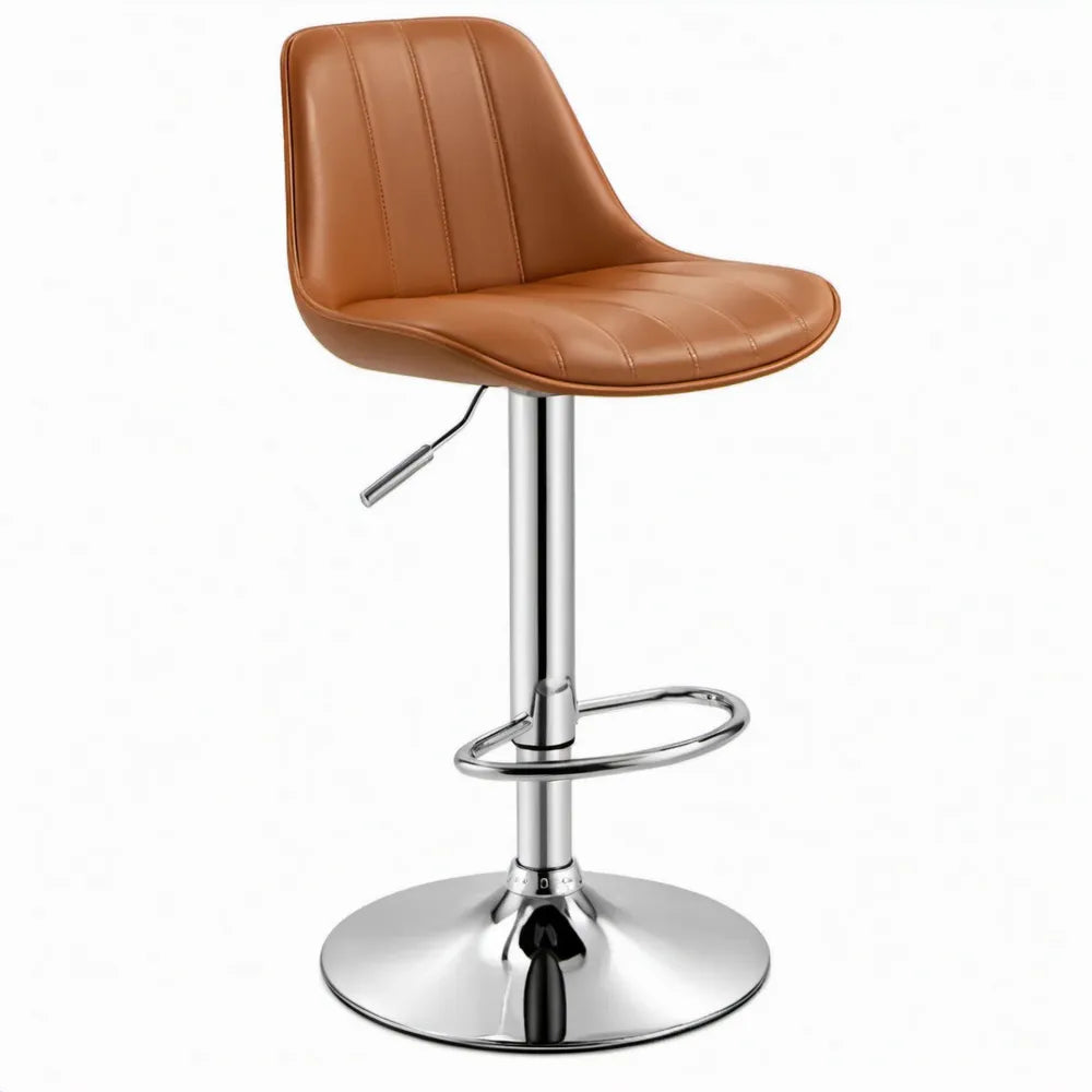 Verstelbare barkruk met rugleuning, cognacbruin PU-kunstleer en chroomkleurig staal, 88-109 cm