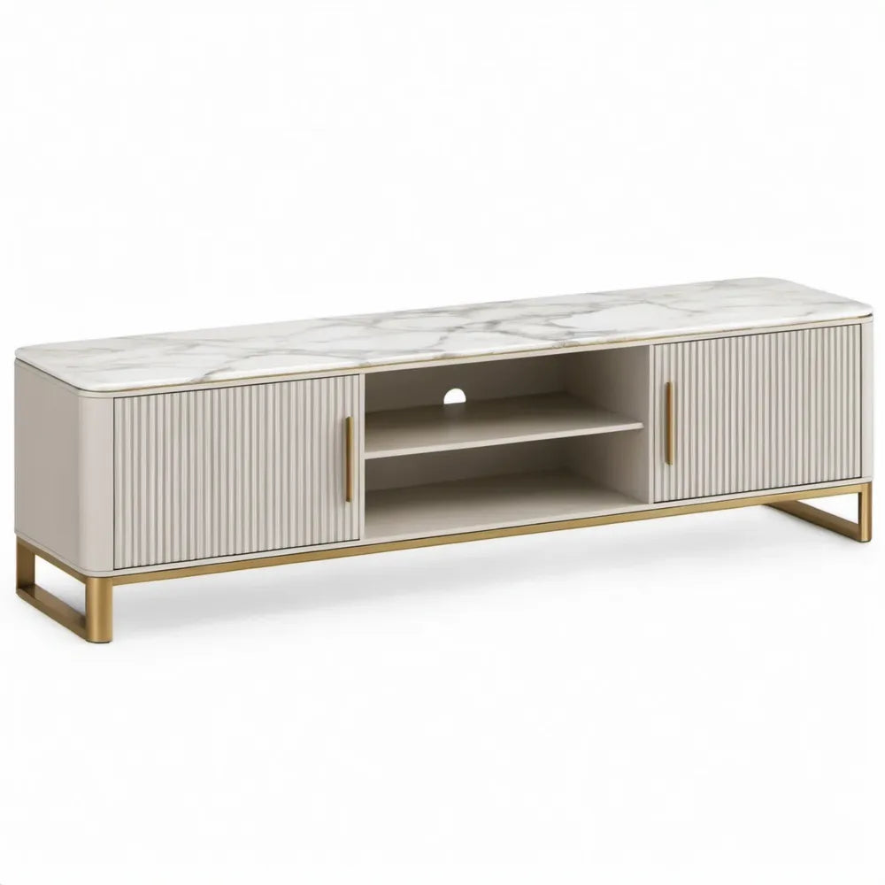 Tv-meubel 180 x 40 x 50 cm met 2 geribbelde deuren en open vakken, Crème/Wit/Goud