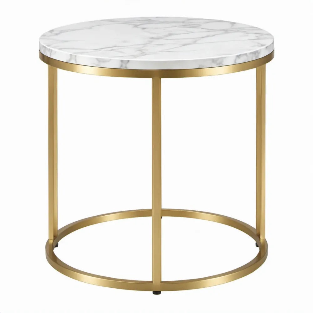 Ronde bijzettafel Ø 50 x H 55 cm met wit-grijs marmerlook blad en goudkleurig stalen onderstel