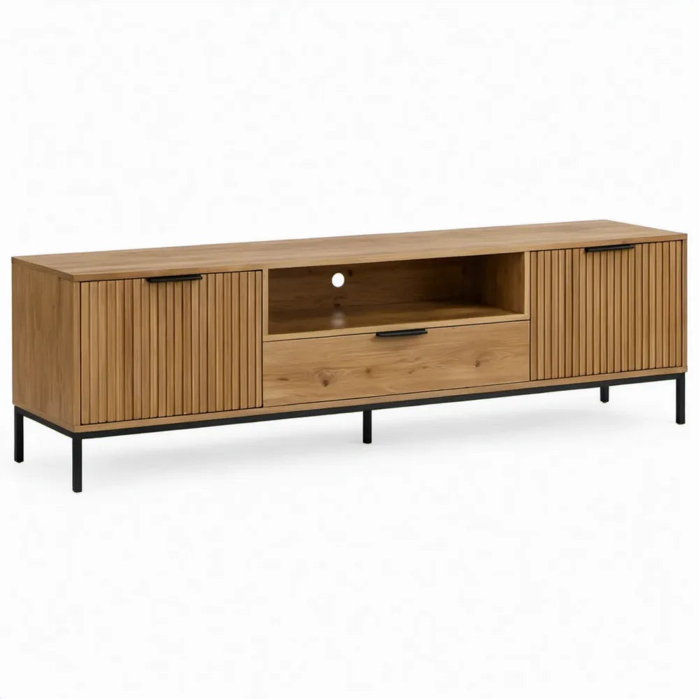 TV-meubel van massief mangohout, naturel bruin met zwarte stalen poten, 180 x 40 x 55 cm