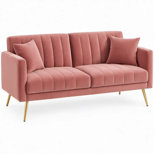 Roze tweezitsbank van polyesterfluweel met goudkleurige stalen poten, 160 x 80 x 82 cm