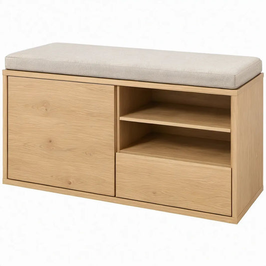 Halbank met opbergruimte en zitkussen, 100 x 40 x 50 cm, naturel eiken en beige