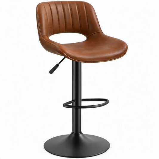 Verstelbare barkruk met rugleuning, bruin kunstleer en zwart staal, 52 x 51 x 86-106 cm