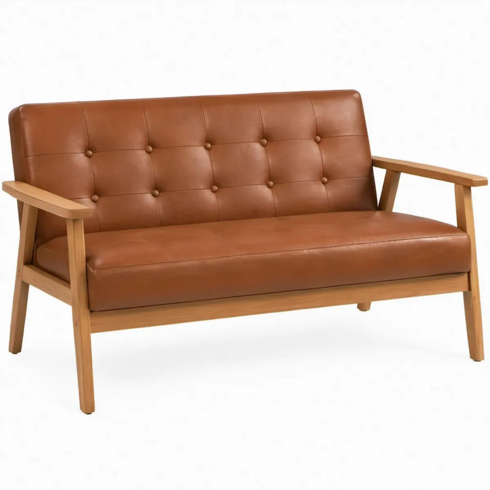 2-zitsbank van bruin PU-kunstleer met naturel rubberhouten frame, 120 x 76 x 80 cm