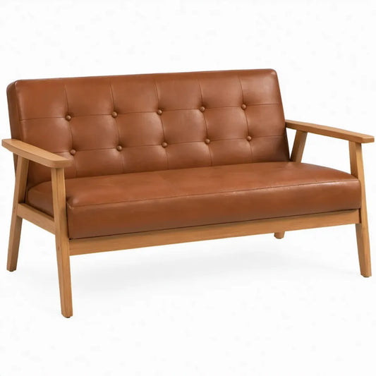 2-zitsbank van bruin PU-kunstleer met naturel rubberhouten frame, 120 x 76 x 80 cm