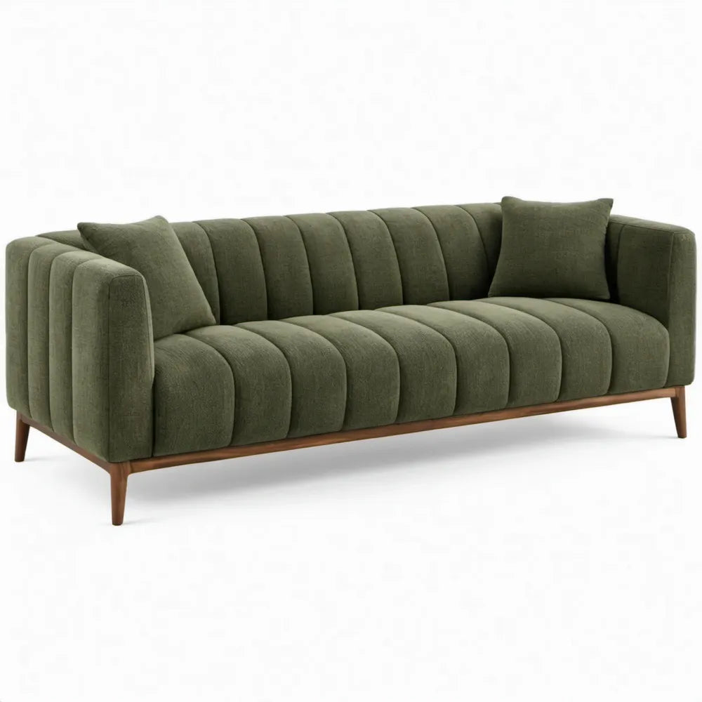 3-zitsbank 220 x 92 x 78 cm Olijfgroen polyesterfluweel met donkerbruine rubberhouten poten