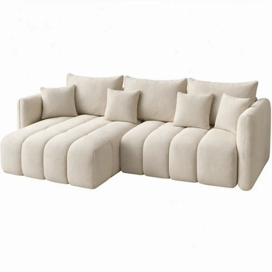 6-zits modulaire gebogen bank, 320 x 105 x 78 cm, crème, bouclé polyester
