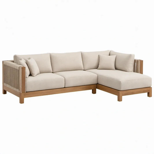 Beige/Bruine hoekbank met rechter chaise longue van acaciahout en polyester, 240 x 160 x 75 cm
