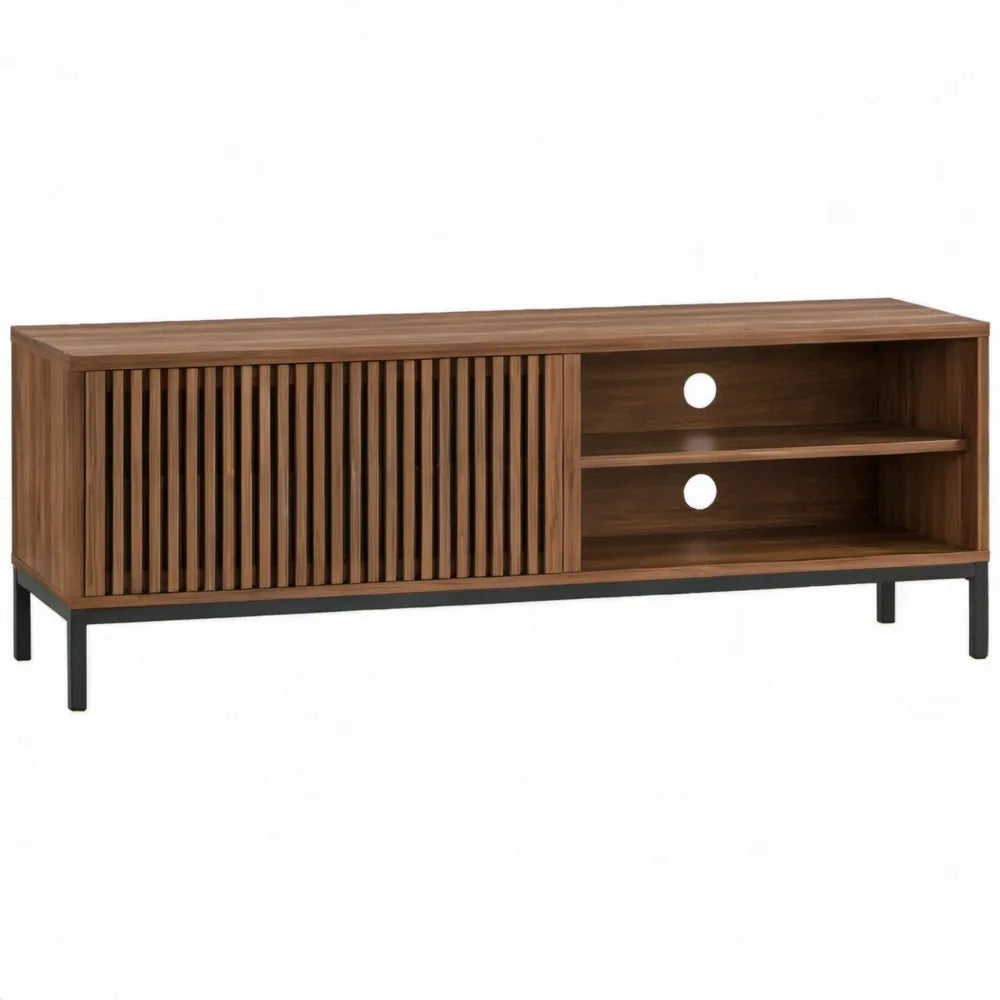 Tv-meubel met schuifdeur en kabeldoorvoeren, 140 x 40 x 60 cm, donkerbruin/zwart