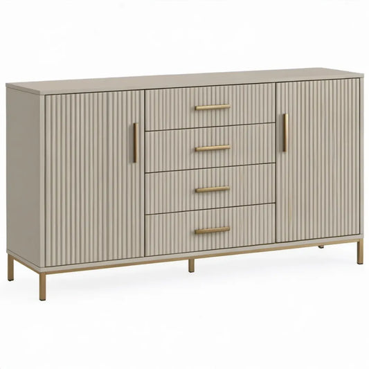 Dressoirkast met 2 deuren en 4 lades, 160 x 40 x 85 cm, beige met goudkleurige metalen poten