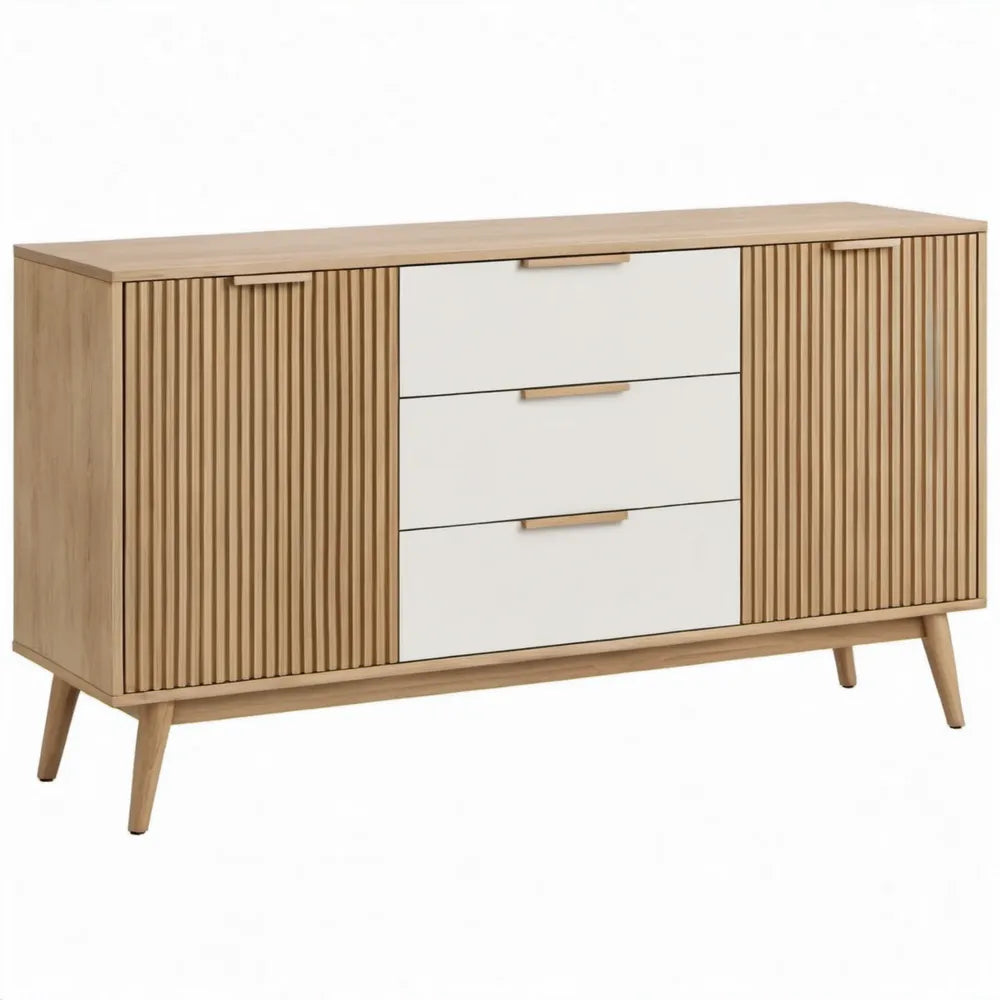 Dressoir met 3 laden en 2 deuren, 160 x 40 x 85 cm, eikenkleurig en wit, MDF en spaanplaat
