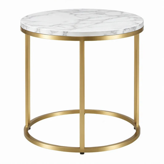Ronde bijzettafel Ø 50 x H 55 cm met wit-grijs marmerlook blad en goudkleurig stalen onderstel
