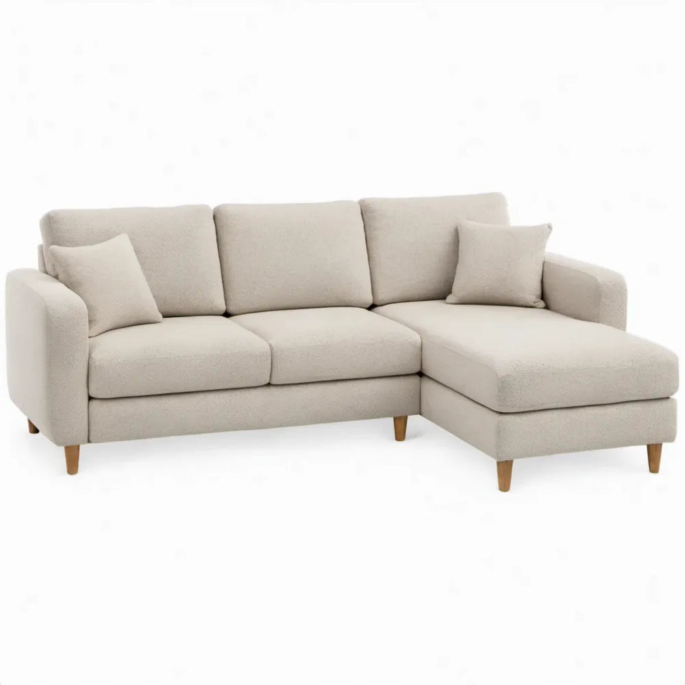 Hoekbank met chaise longue rechts 230 x 150 x 85 cm in crèmekleurige bouclé polyester met houten poten