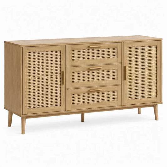 Dressoirkast met 3 laden en 2 deuren, 160 x 40 x 80 cm, naturel licht eiken met rotan