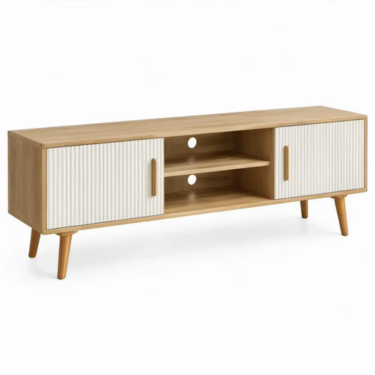 TV-meubel met 2 geribbelde schuifdeuren, 140 x 40 x 55 cm, naturel eik en wit