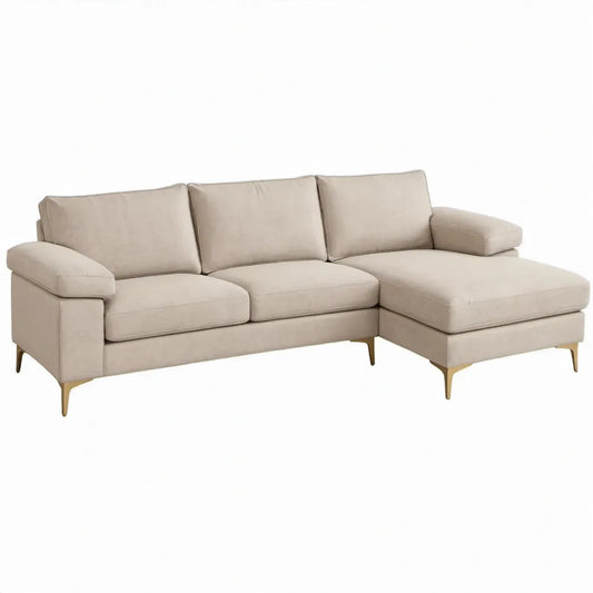 Beige L-vormige hoekbank met chaise longue rechts, 250 x 160 x 85 cm