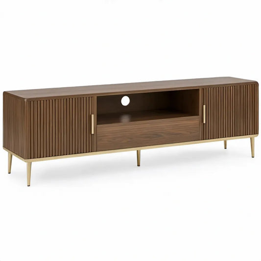 Tv-meubel 160 x 40 x 55 cm met 2 geribbelde deuren en lade - Walnootbruin/Goud