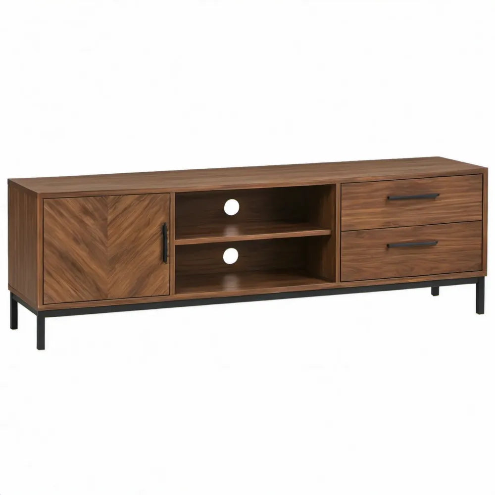TV-meubel van MDF met walnootfineer en stalen poten, 180 x 40 x 60 cm, Donkerbruin/Zwart
